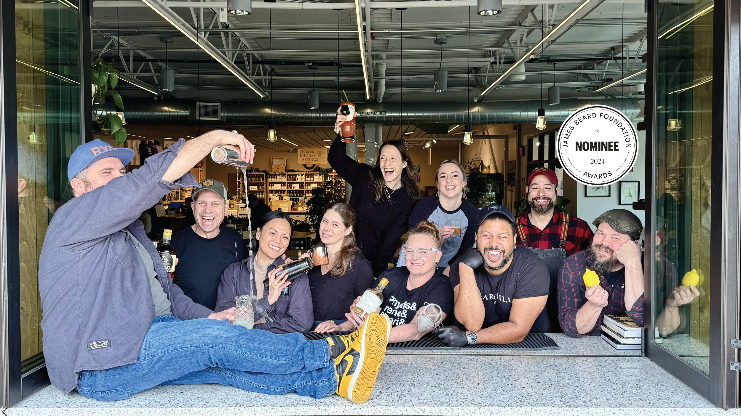 Image of Barr Hill Team with James Beard Nominee Badge