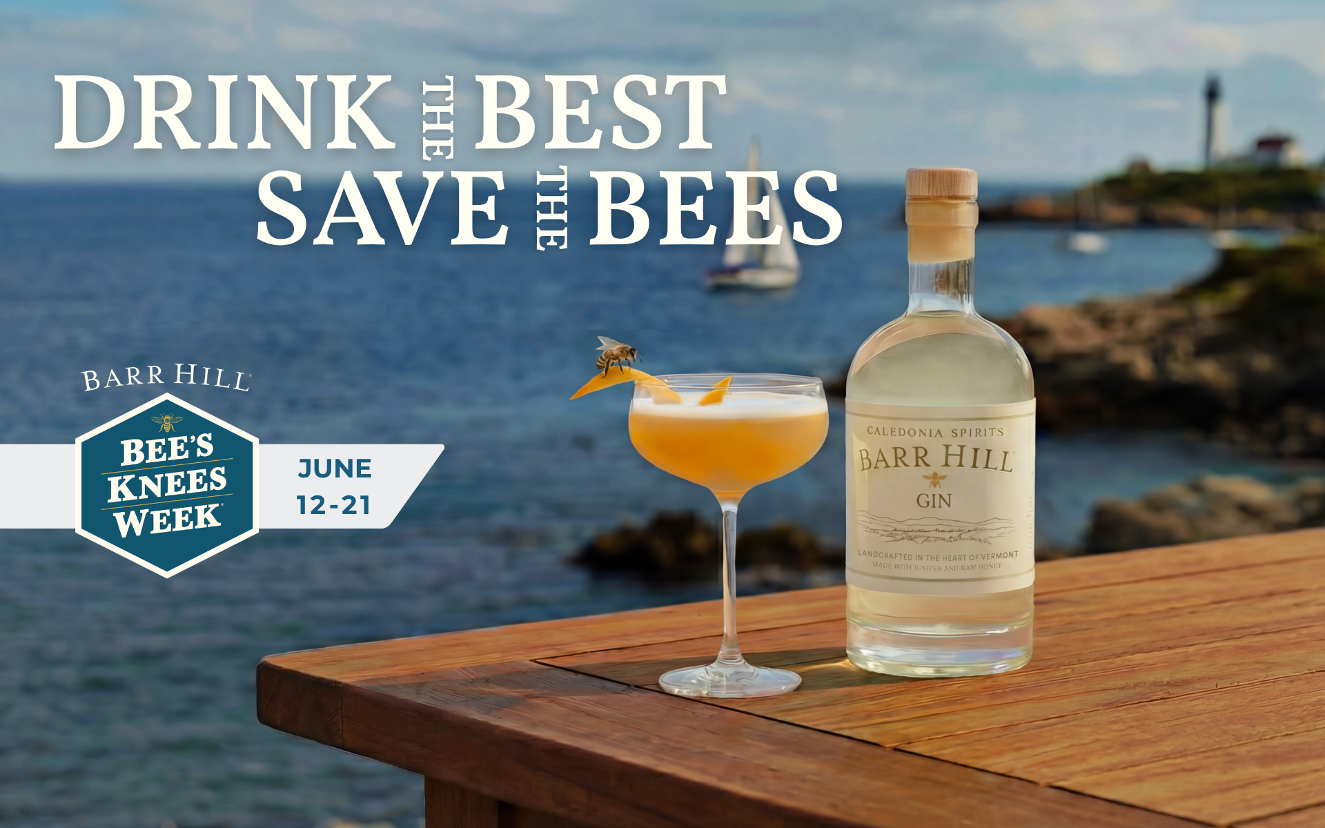 Bottle of Barr Hill Gin with a Bee's Knees cocktail on a wooden table by the ocean, promoting Bee's Knees Week with text that says "Drink the Best, Save the Bees"