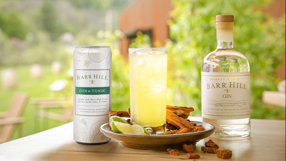 Canned Gin and Tonic Cocktail next to a bottle of Barr Hill Gin